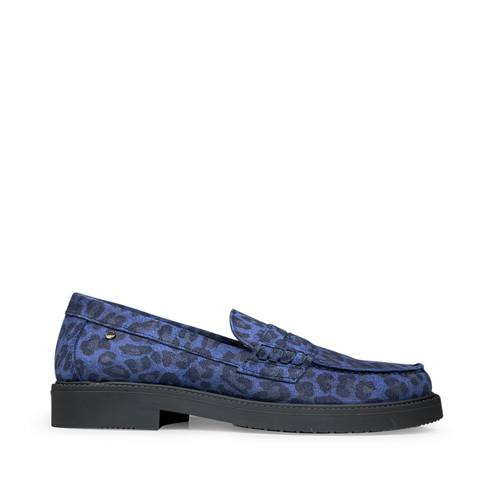 Blauwe suède Confetti loafer met luipaardprint voor meisjes – Anna Pops

