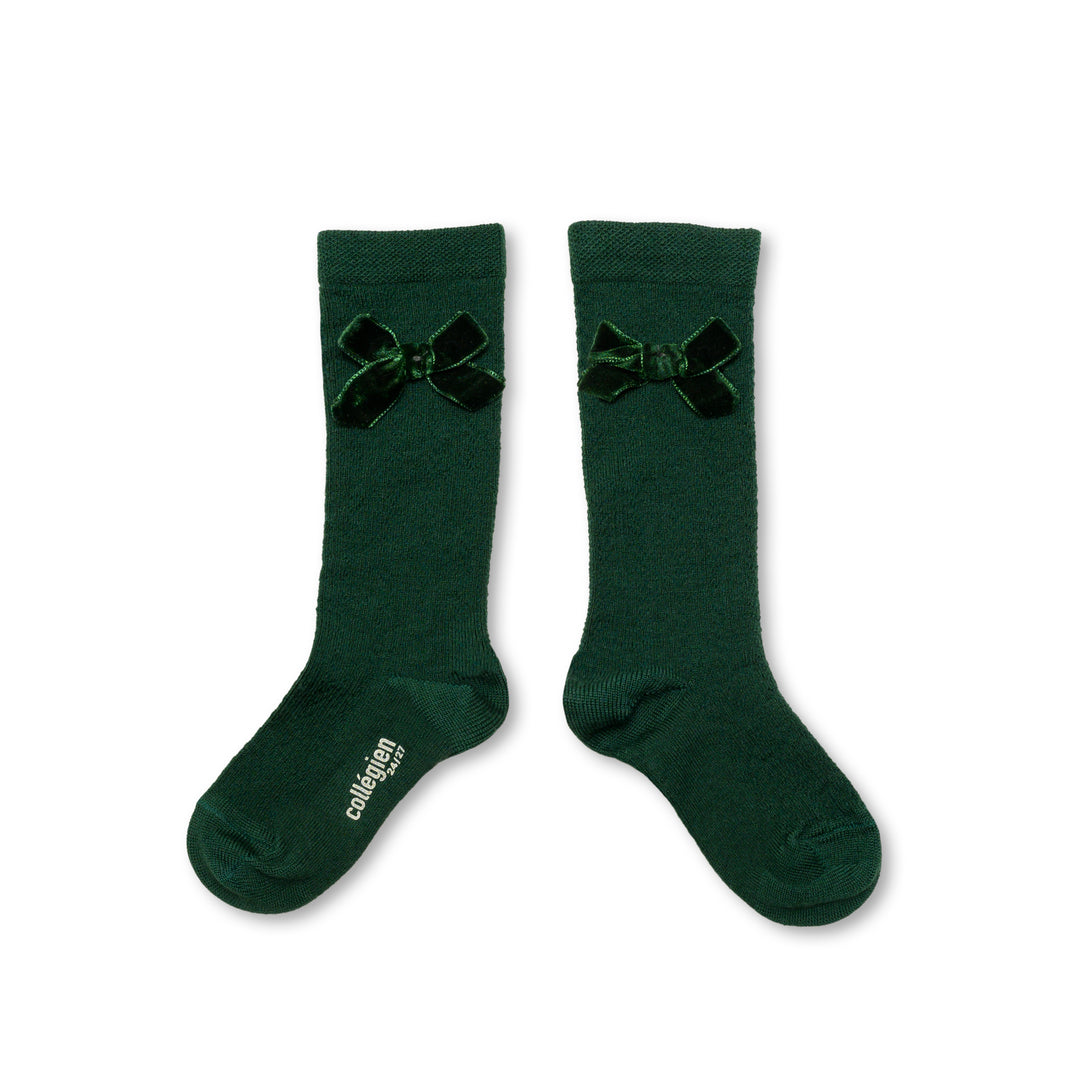 Isaure - Pointelle Merino Knee-high Socks with Velvet Bow - Vert Forêt