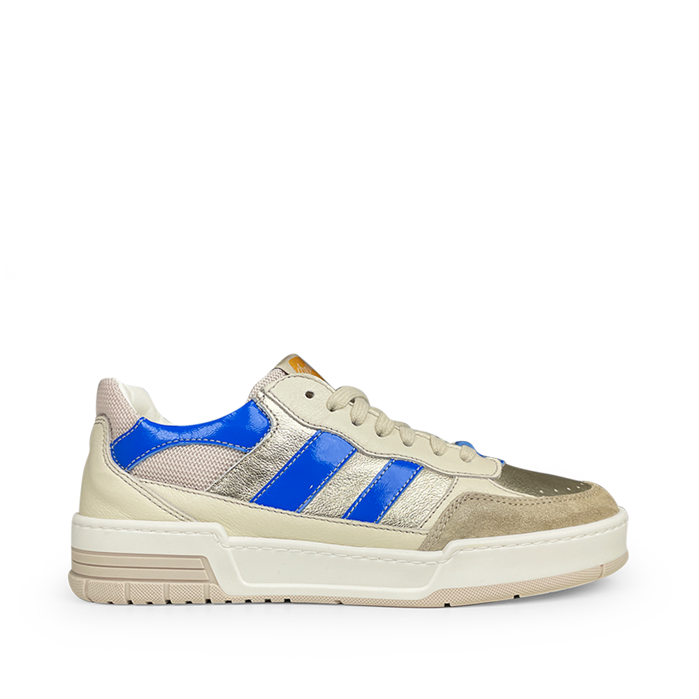 Lage leren kindersneaker van Ocra in wit, zilver en blauw met stevige zool – comfortabele schoen voor jongens en meisjes
