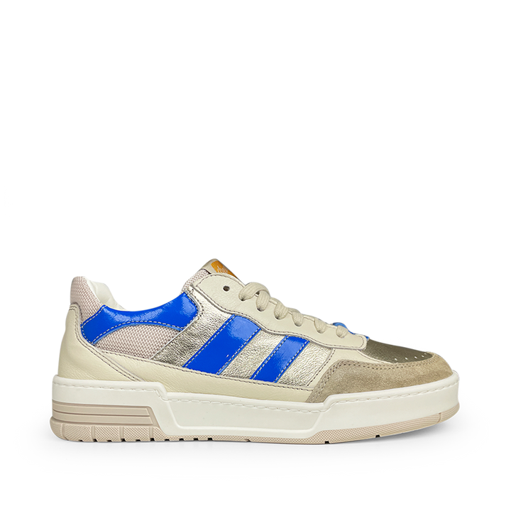 Lage leren kindersneaker van Ocra in wit, zilver en blauw met stevige zool – comfortabele schoen voor jongens en meisjes