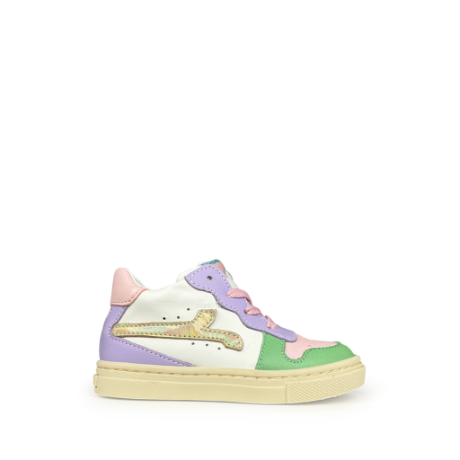 Kids shoe online Rondinella trainer White sneaker with lilac, green and pink