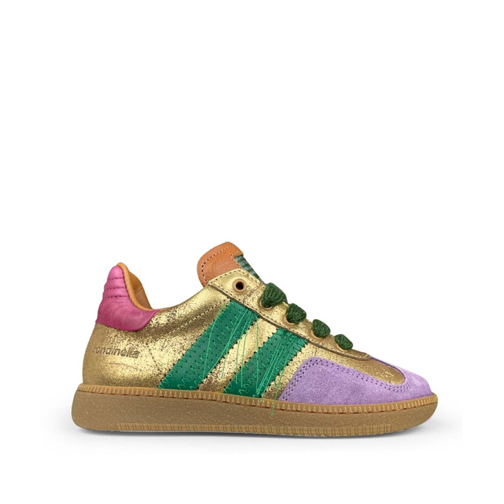 Rondinella - Gouden sneaker met groen en roze