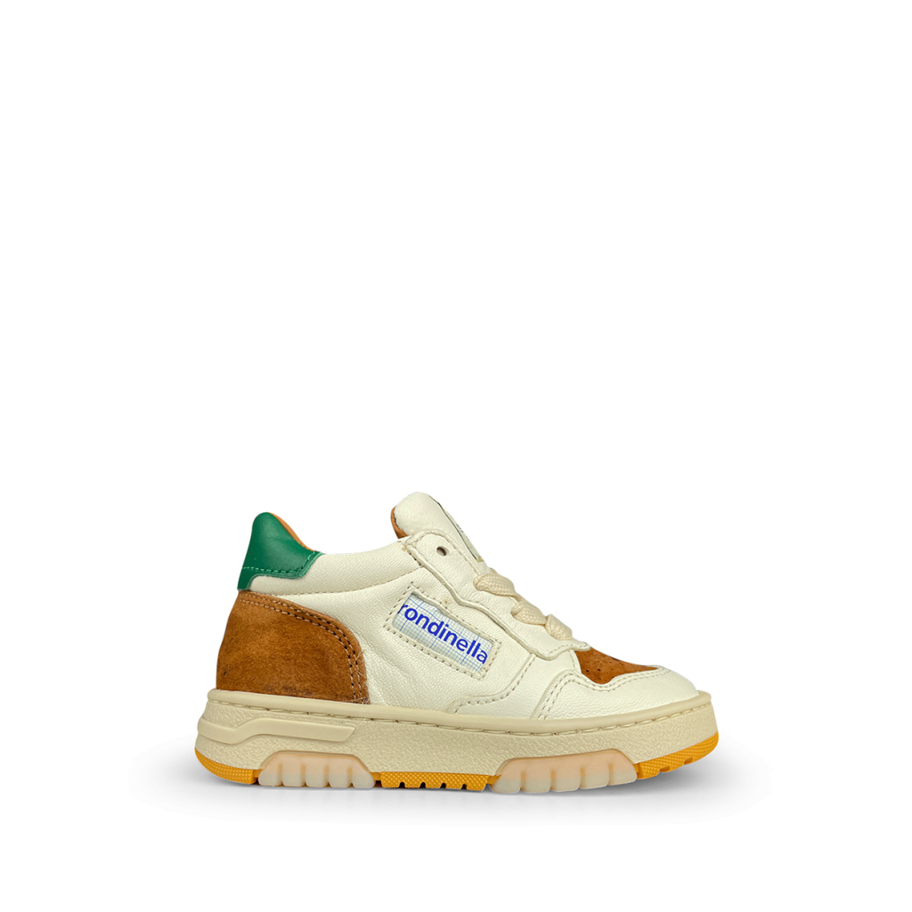 Rondinella - Witte sneaker met bruine en groene accenten