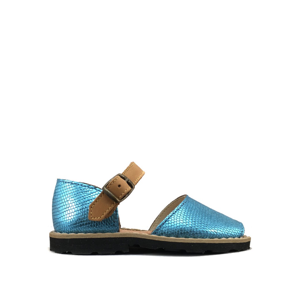Minorquines - Sandal in reptile print in turquoise-blue