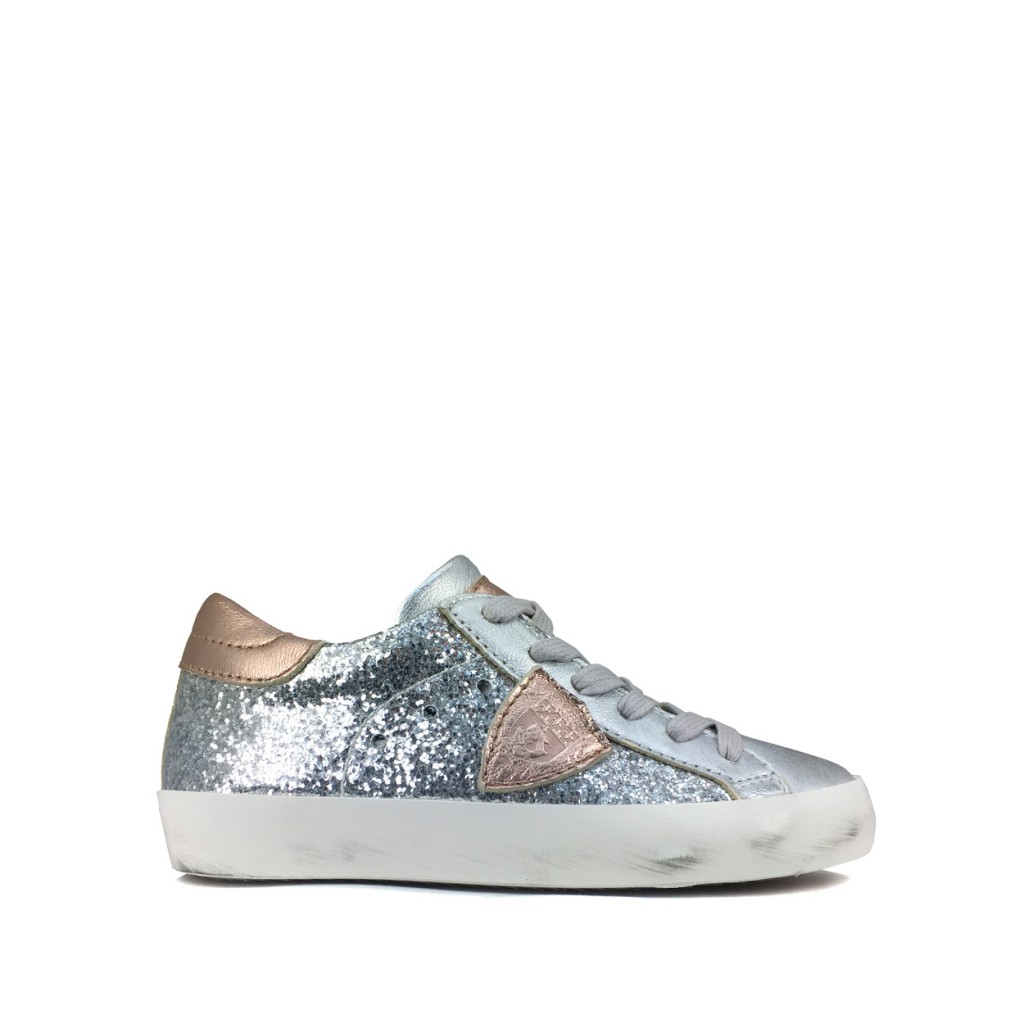 Philippe Model - Glitter lace sneaker in silver and rose gold