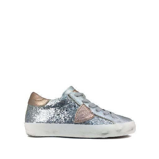 Kids shoe online Philippe Model trainer Glitter lace sneaker in silver and rose gold