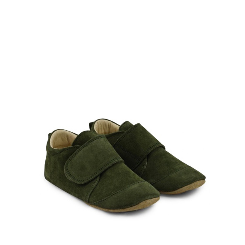 Pompom - Lederen grote pantoffel met velcro groen sude