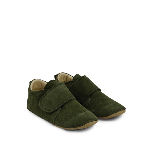 Kinderschoen online Pompom pantoffels Lederen grote pantoffel met velcro groen suède
