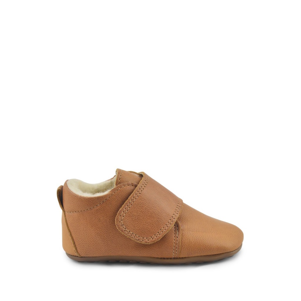 Pompom - Camel leather slipper with wool