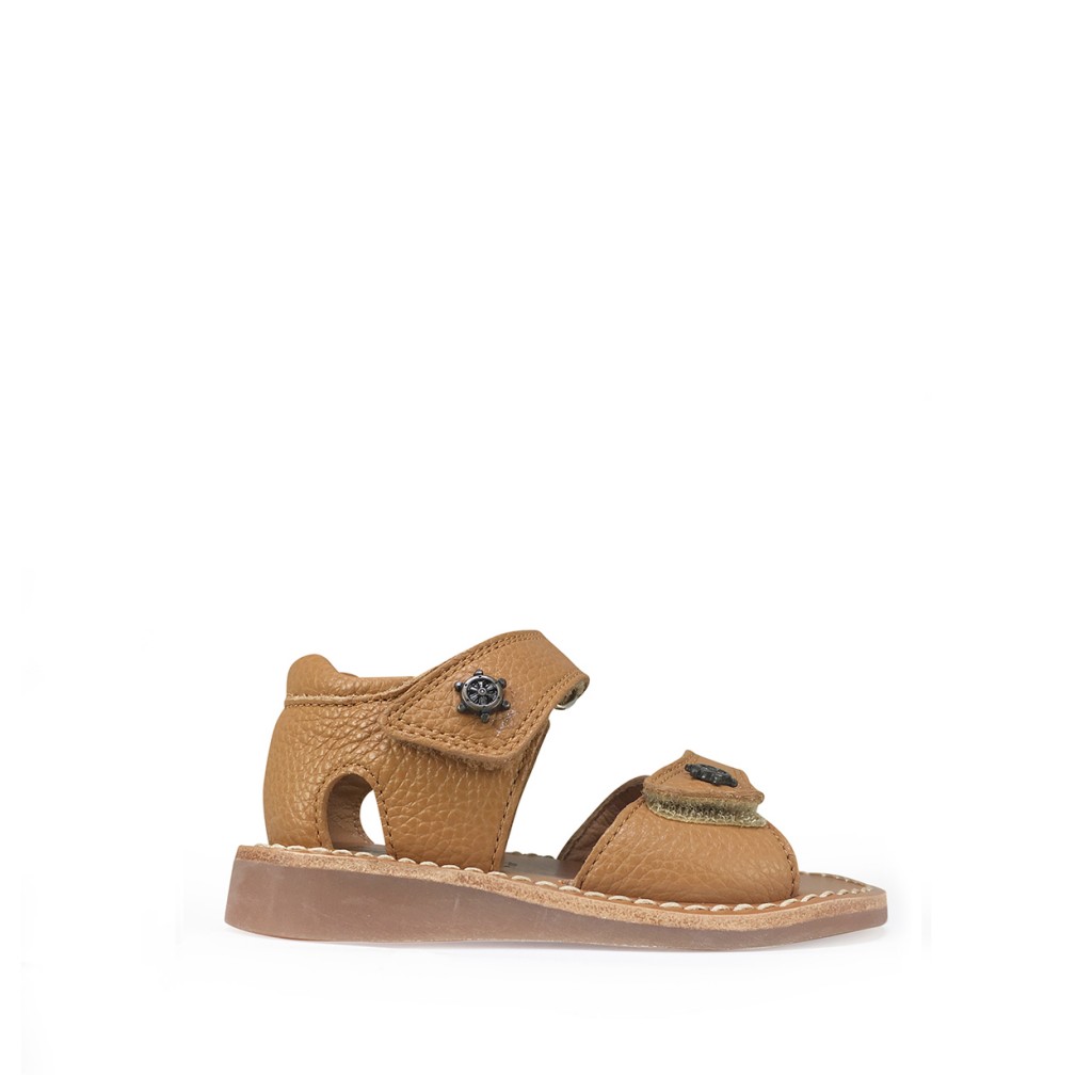Pom d'api - Marine blue sandal with heel and velcro