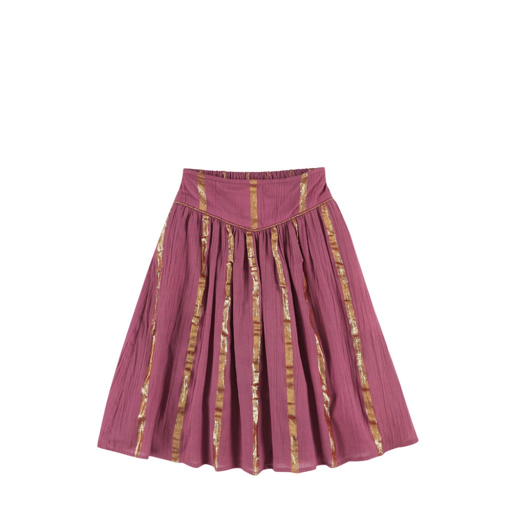 Simple Kids - Long burgundy-colored skirt with gold detail.