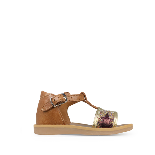 Kinderschoen online Pom d'api sandalen Camelkleurige sandaal met  multi-color bandje